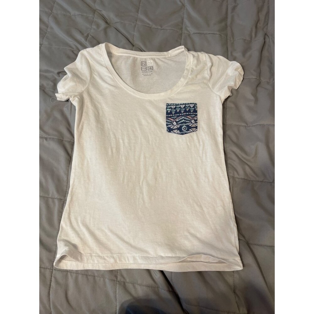 Nollie White Scoop Neck T-Shirt With Patterned Front Pocket - Womens Size S - Co